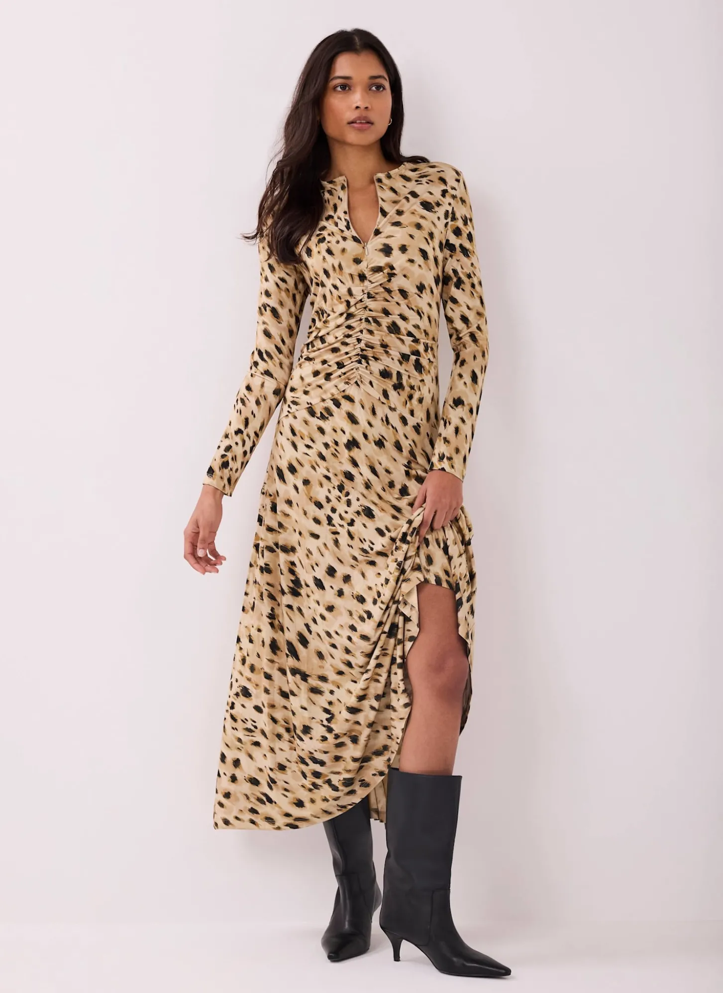 Animal Print Zip Jersey Midi Dress