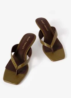 Betty Khaki Leather Flip Flop Heels
