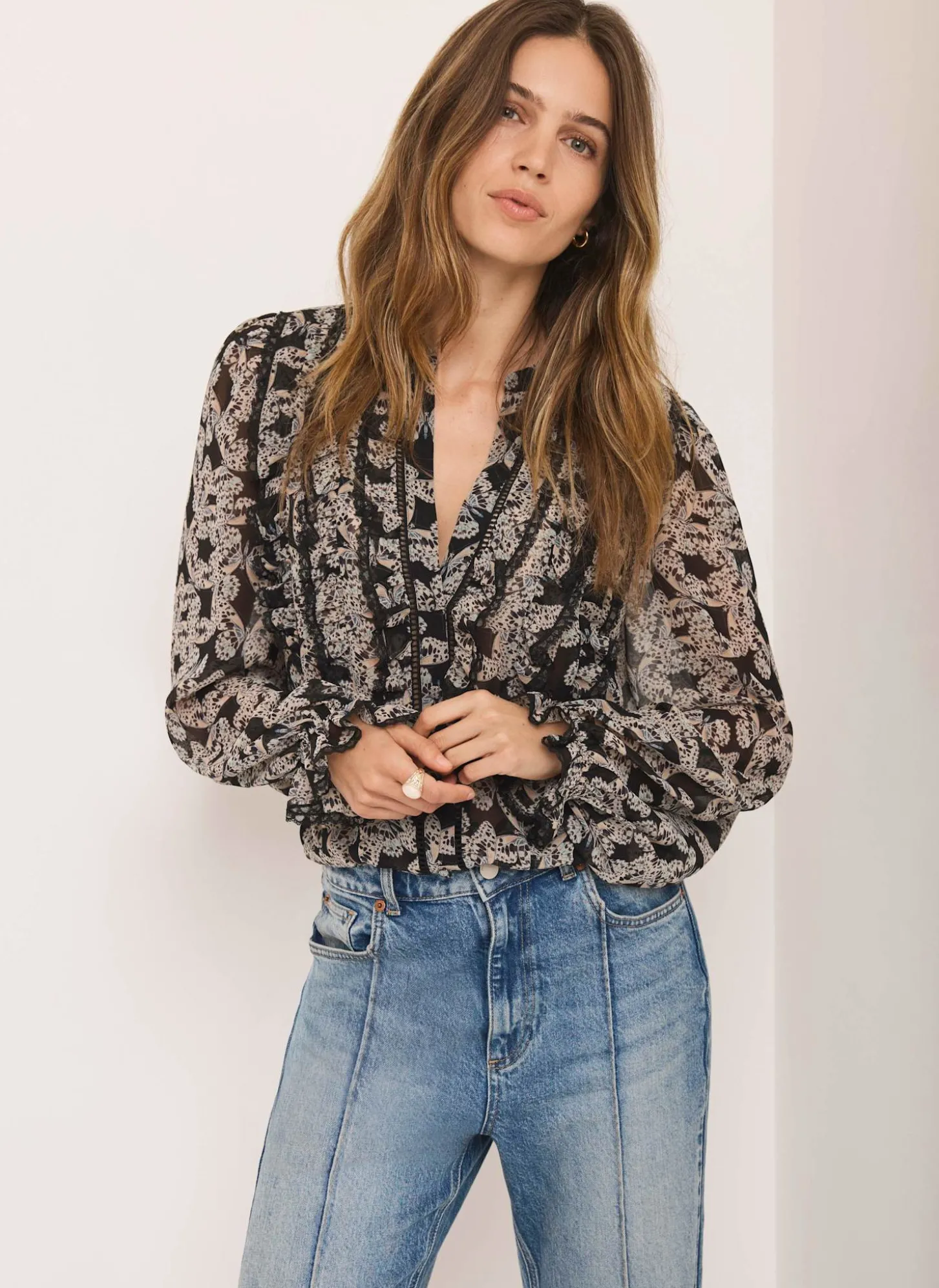 Black Butterfly Print Ruffle Blouse
