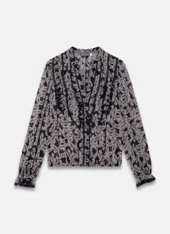 Black Butterfly Print Ruffle Blouse