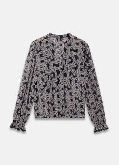 Black Butterfly Print Ruffle Blouse