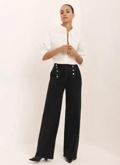 Black Button Detail Wide Jeans