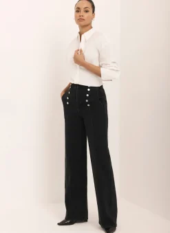 Black Button Detail Wide Jeans