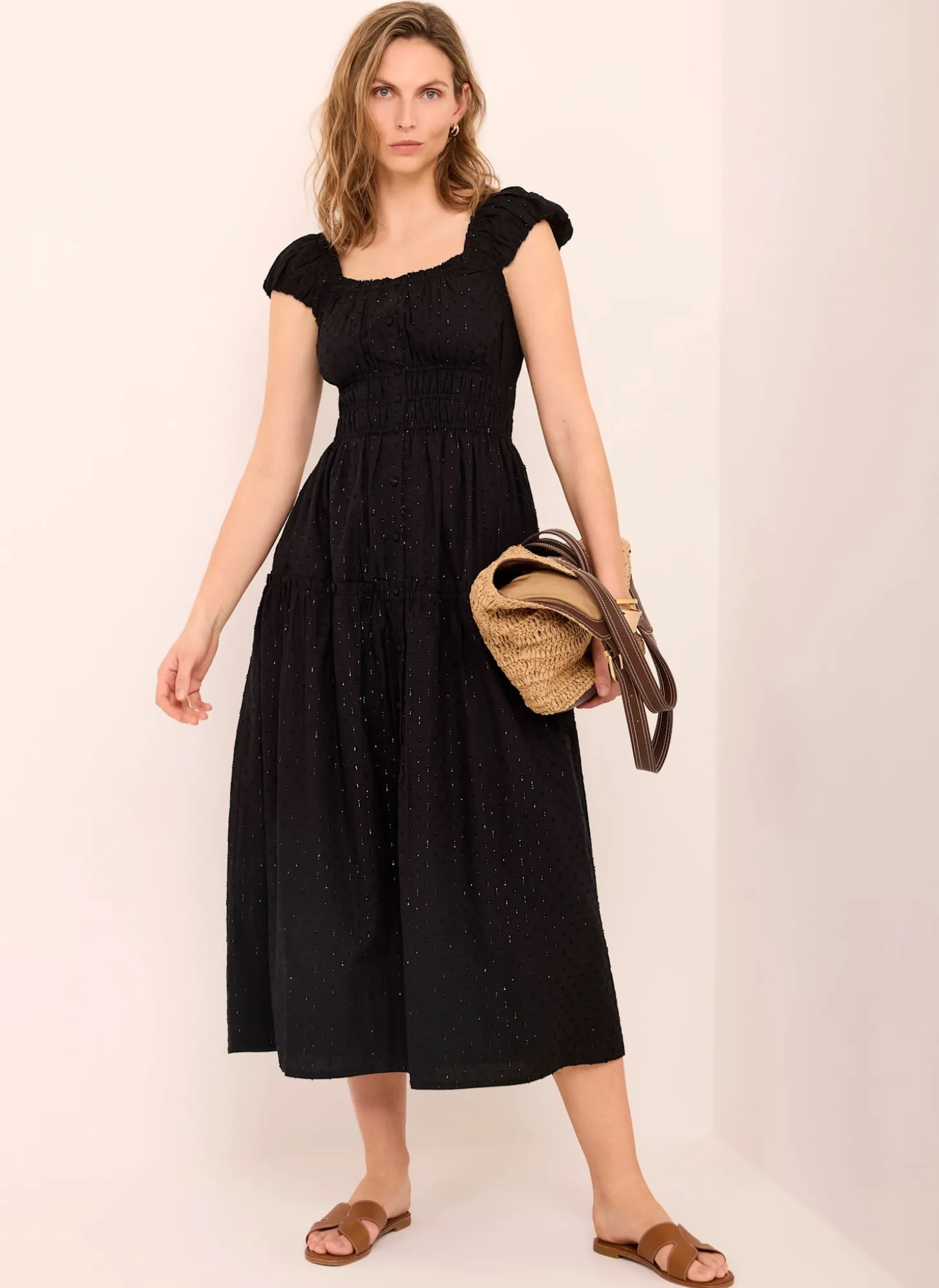 Black Cotton Blend Textured Midi Dress