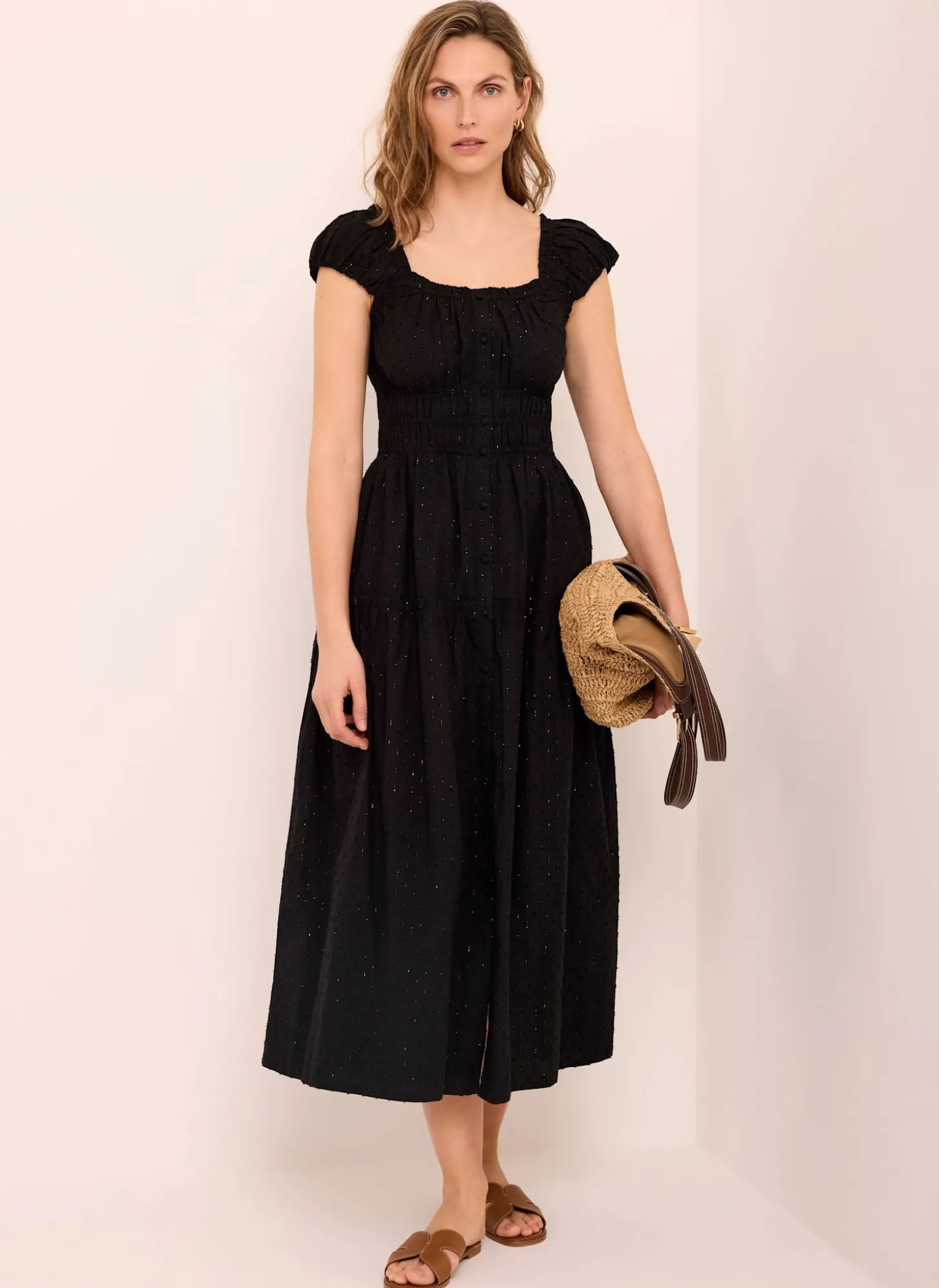 Black Cotton Blend Textured Midi Dress