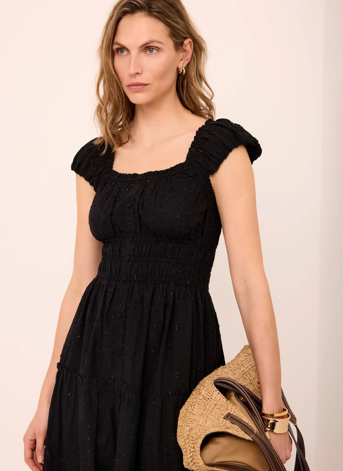 Black Cotton Blend Textured Midi Dress