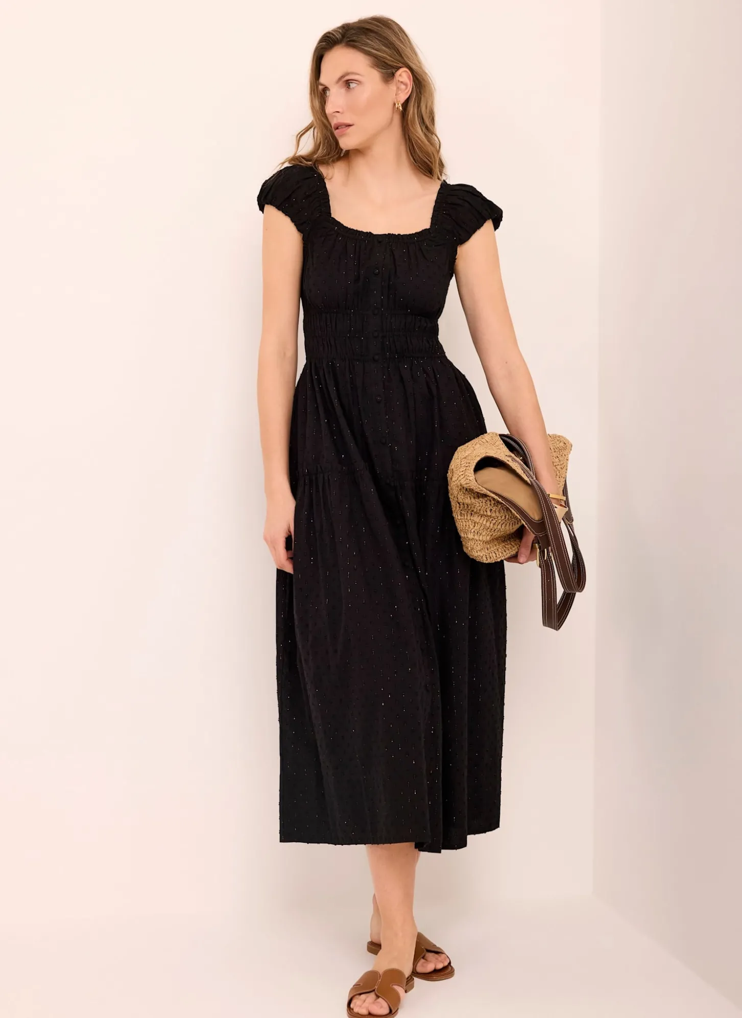 Black Cotton Blend Textured Midi Dress