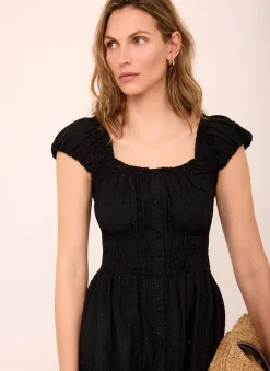 Black Cotton Blend Textured Midi Dress