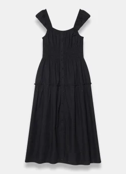 Black Cotton Blend Textured Midi Dress