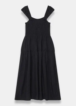 Black Cotton Blend Textured Midi Dress