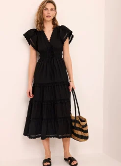 Black Cotton Ruffle Midi Dress