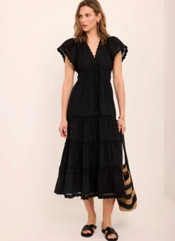 Black Cotton Ruffle Midi Dress
