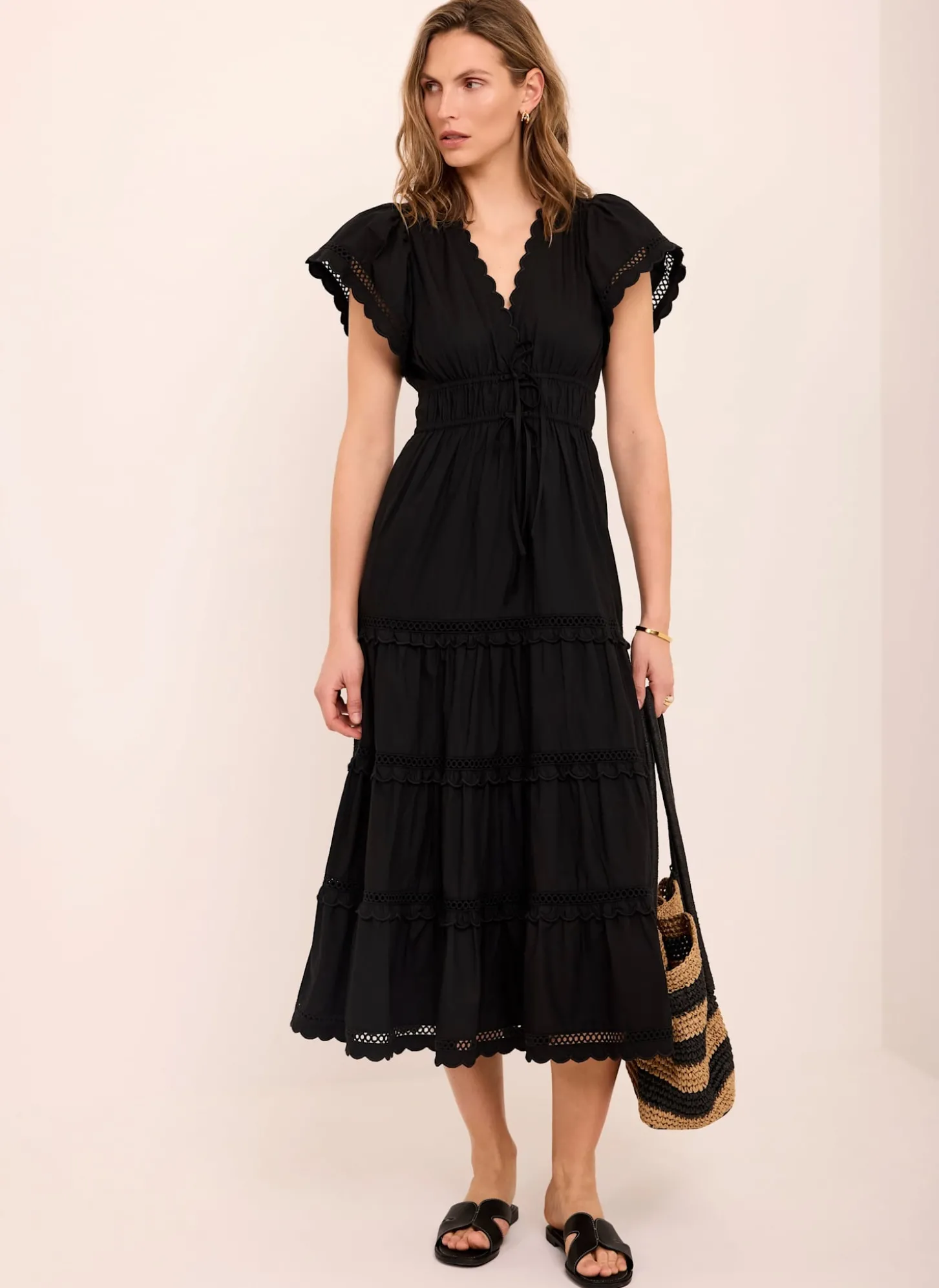 Black Cotton Ruffle Midi Dress