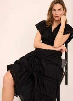 Black Cotton Ruffle Midi Dress