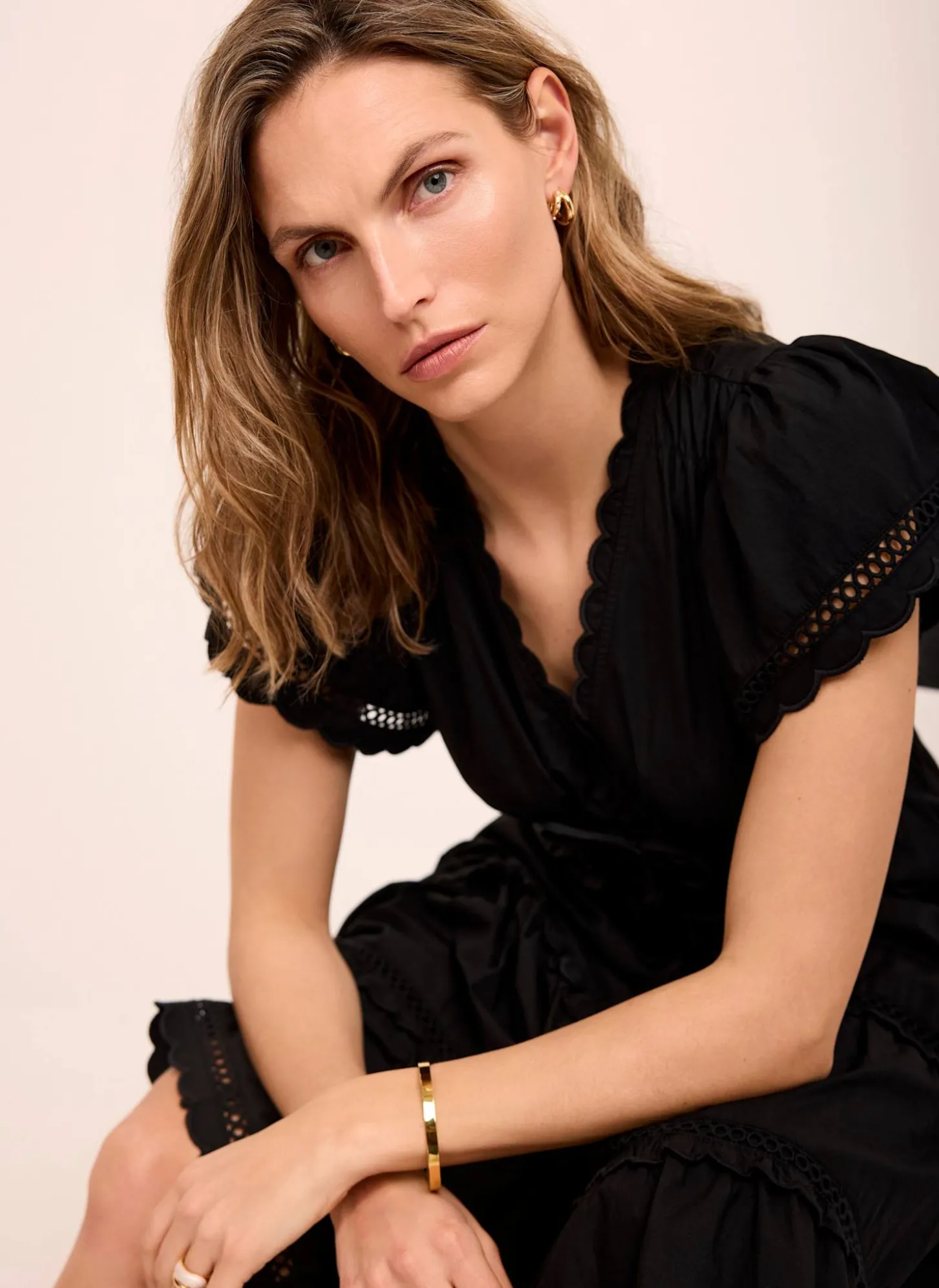 Black Cotton Ruffle Midi Dress