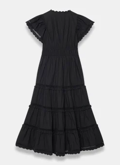 Black Cotton Ruffle Midi Dress