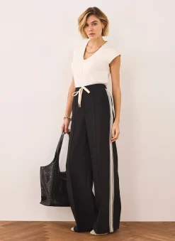 Black Crochet Side Stripe Wide Trousers