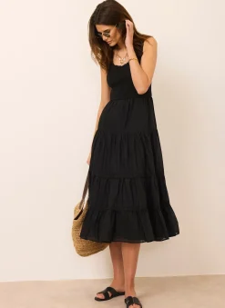 Black Crochet Trim Tiered Midi Dress