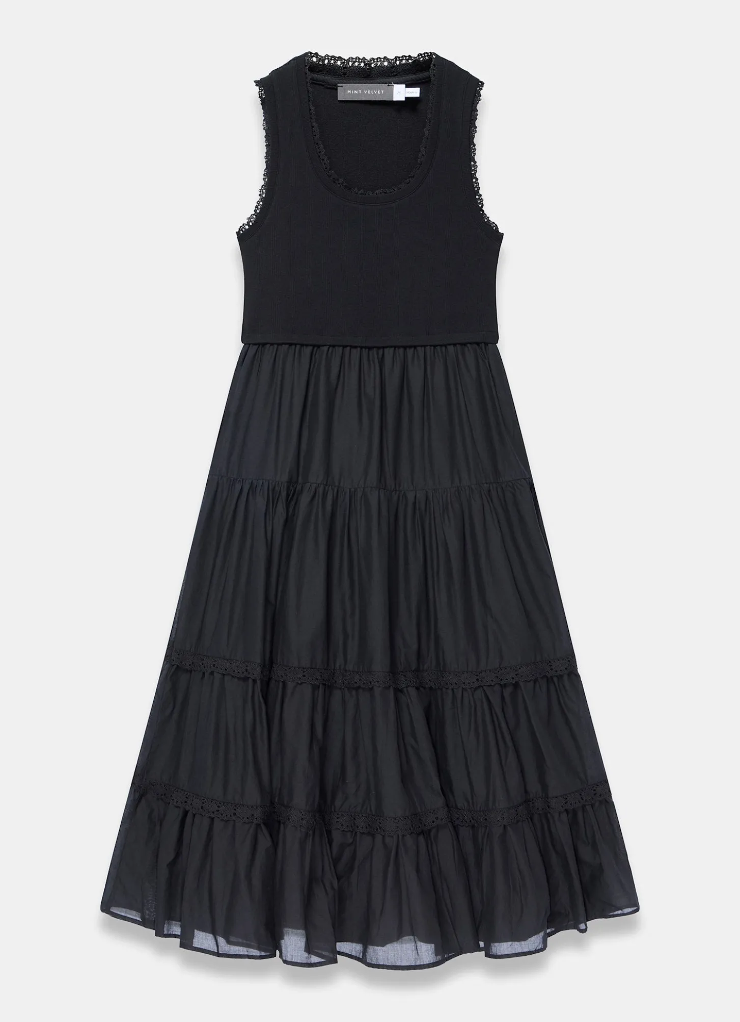 Black Crochet Trim Tiered Midi Dress
