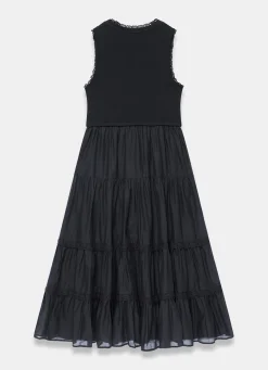 Black Crochet Trim Tiered Midi Dress