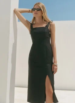 Black Linen Bow Detail Midi Dress