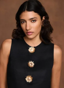 Black Linen Sunray Button Mini Dress
