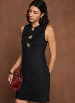 Black Linen Sunray Button Mini Dress