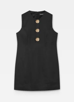 Black Linen Sunray Button Mini Dress