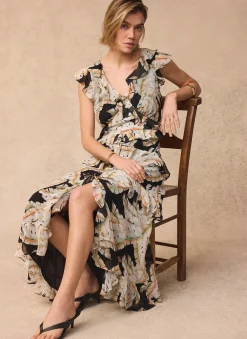 Black Palm Print Ruffle Midi Dress
