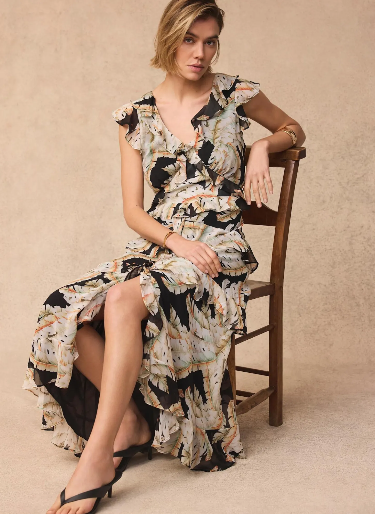 Black Palm Print Ruffle Midi Dress