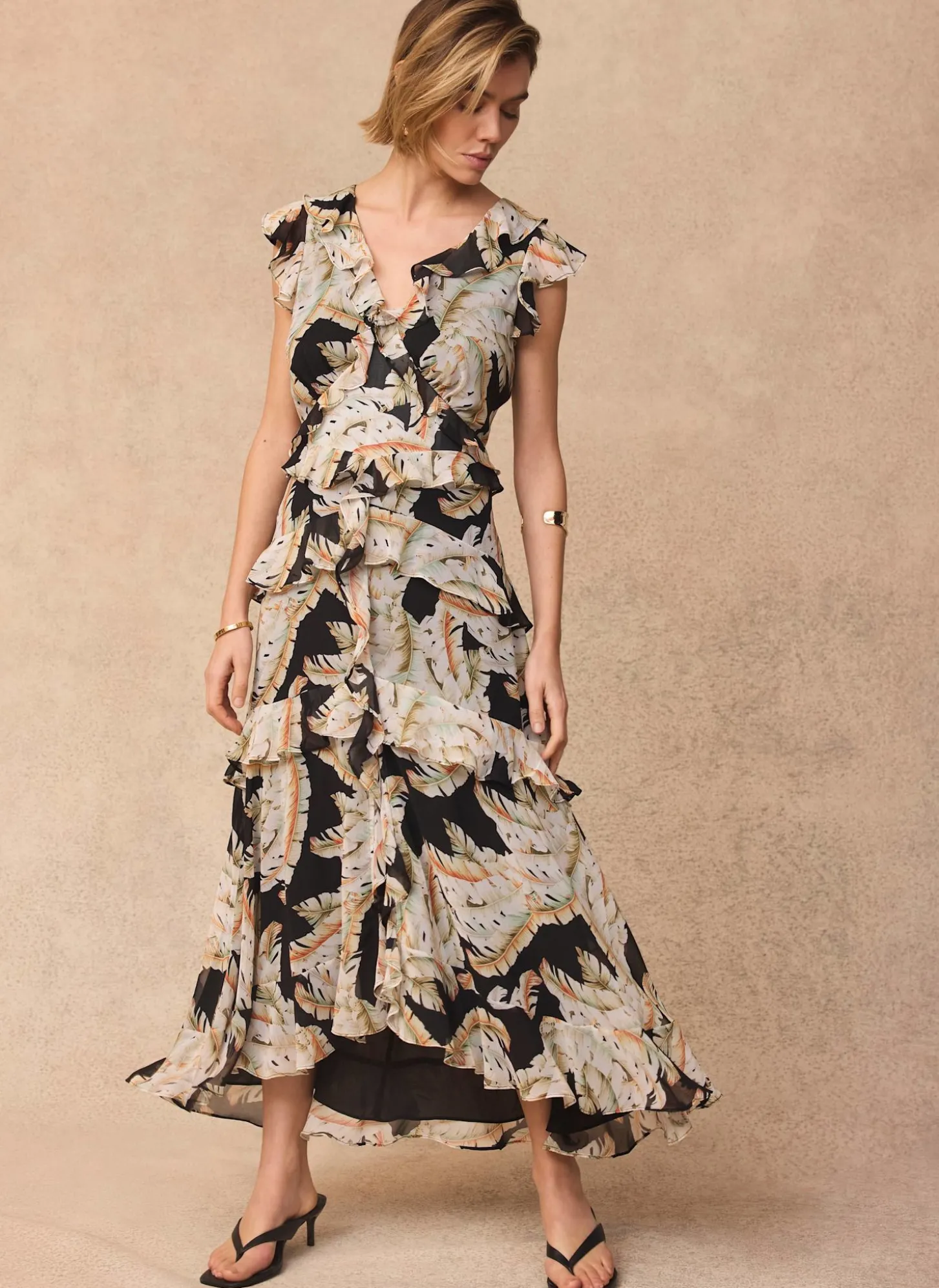 Black Palm Print Ruffle Midi Dress