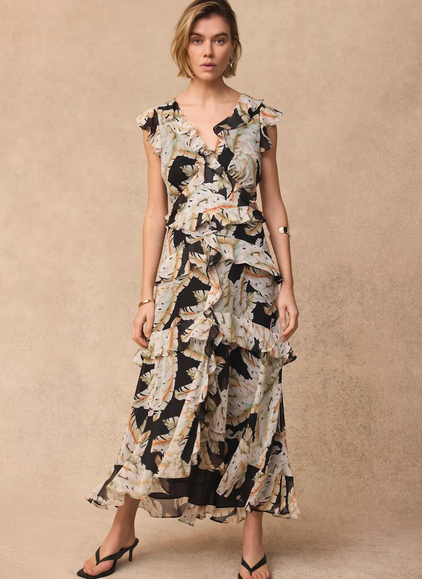 Black Palm Print Ruffle Midi Dress