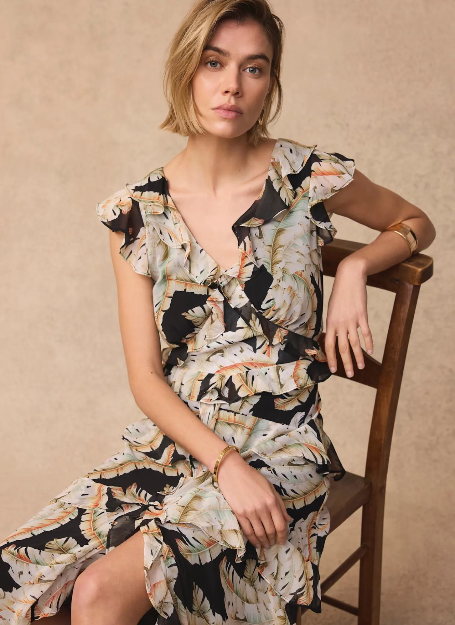 Black Palm Print Ruffle Midi Dress