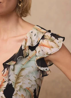 Black Palm Print Ruffle Midi Dress