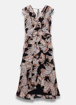Black Palm Print Ruffle Midi Dress