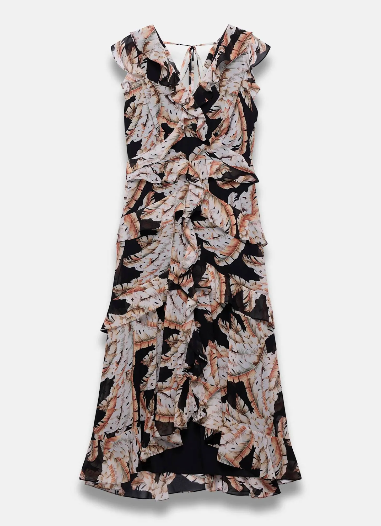 Black Palm Print Ruffle Midi Dress