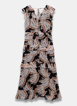 Black Palm Print Ruffle Midi Dress