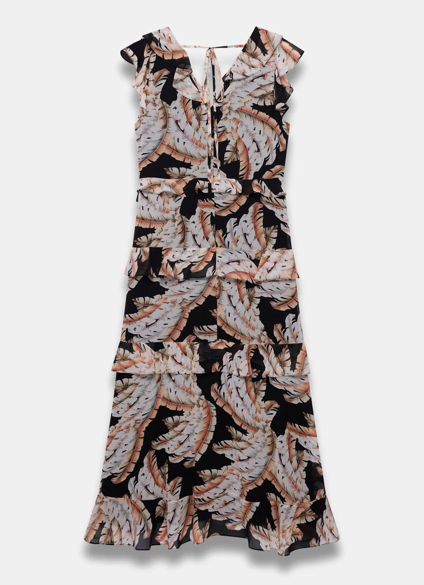 Black Palm Print Ruffle Midi Dress