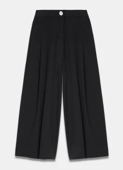 Black Pleat Detail Crop Wide Trousers