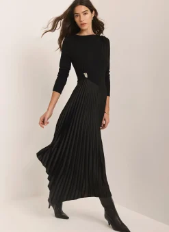 Black Pleated Asymmetric Midi Dress