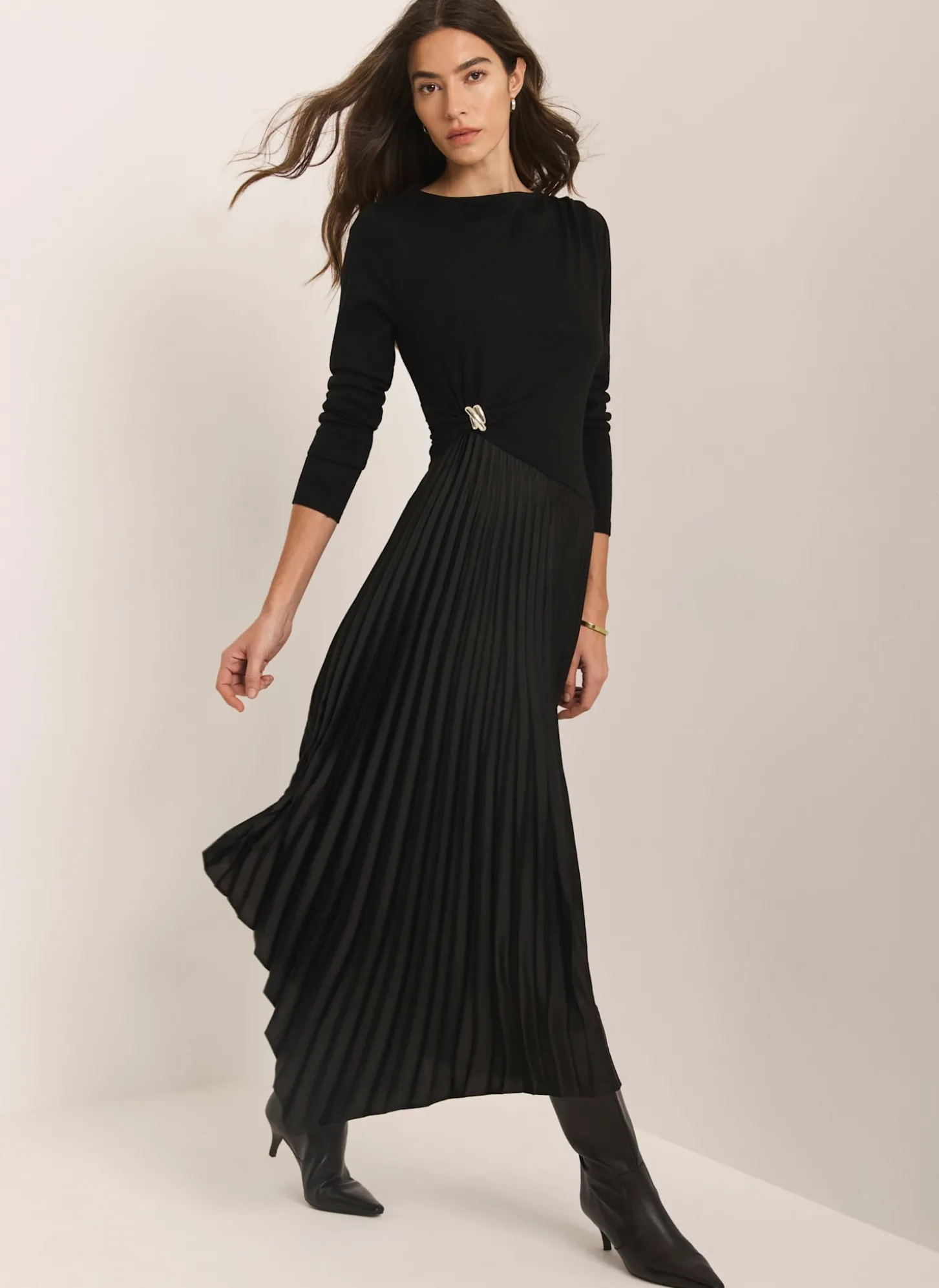 Black Pleated Asymmetric Midi Dress