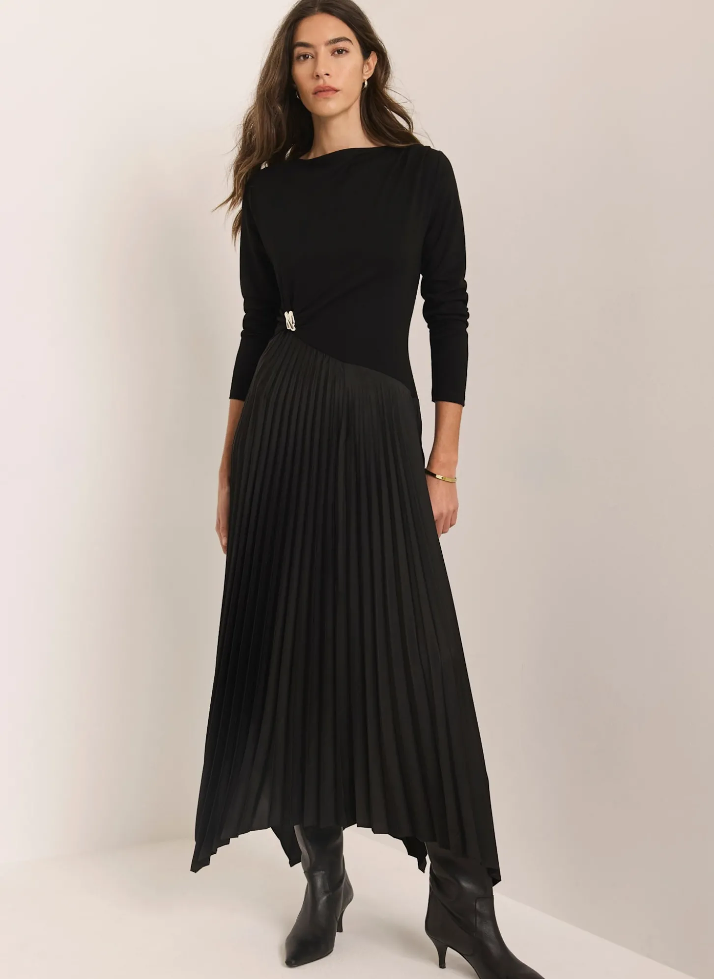 Black Pleated Asymmetric Midi Dress