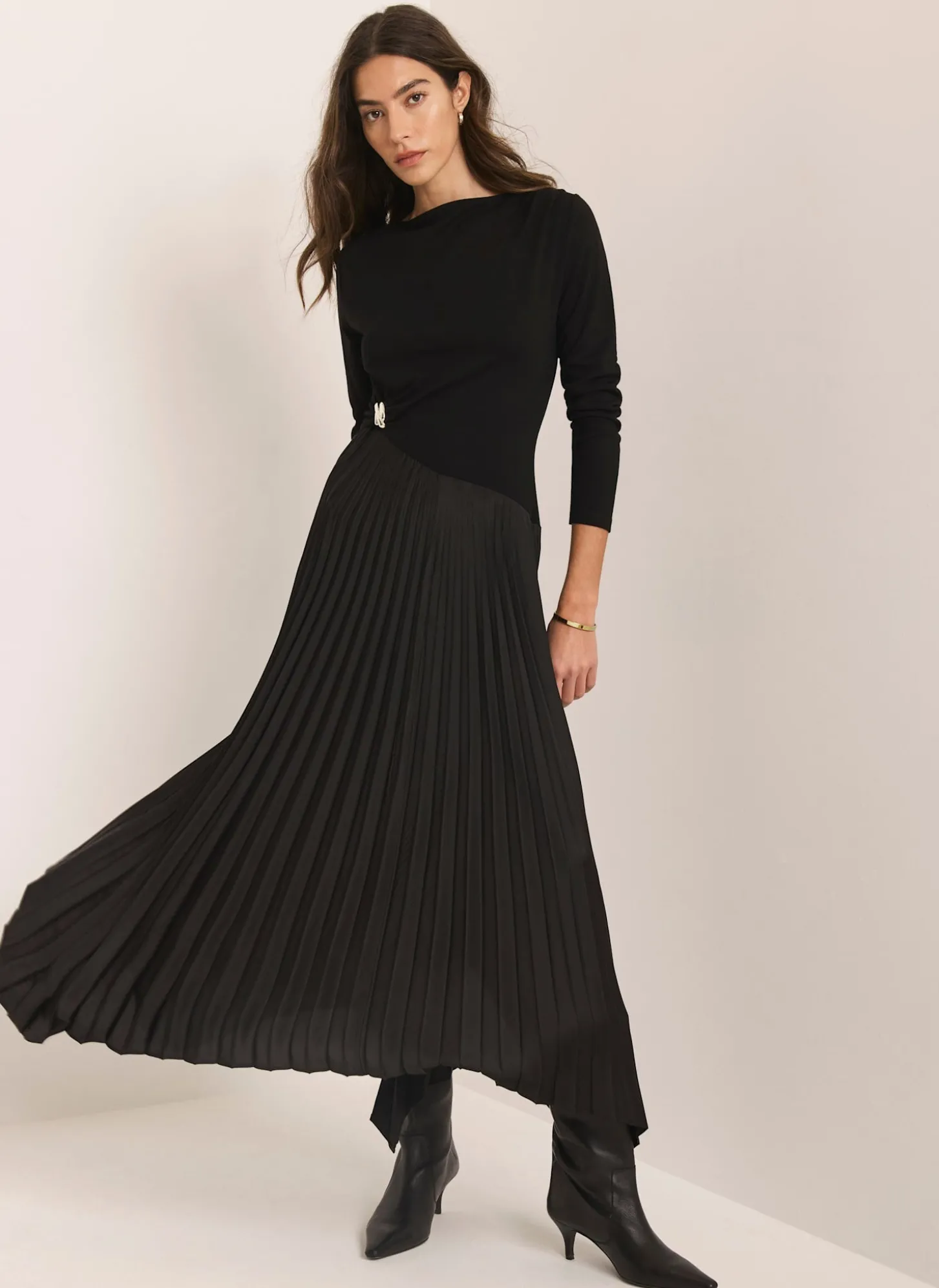 Black Pleated Asymmetric Midi Dress