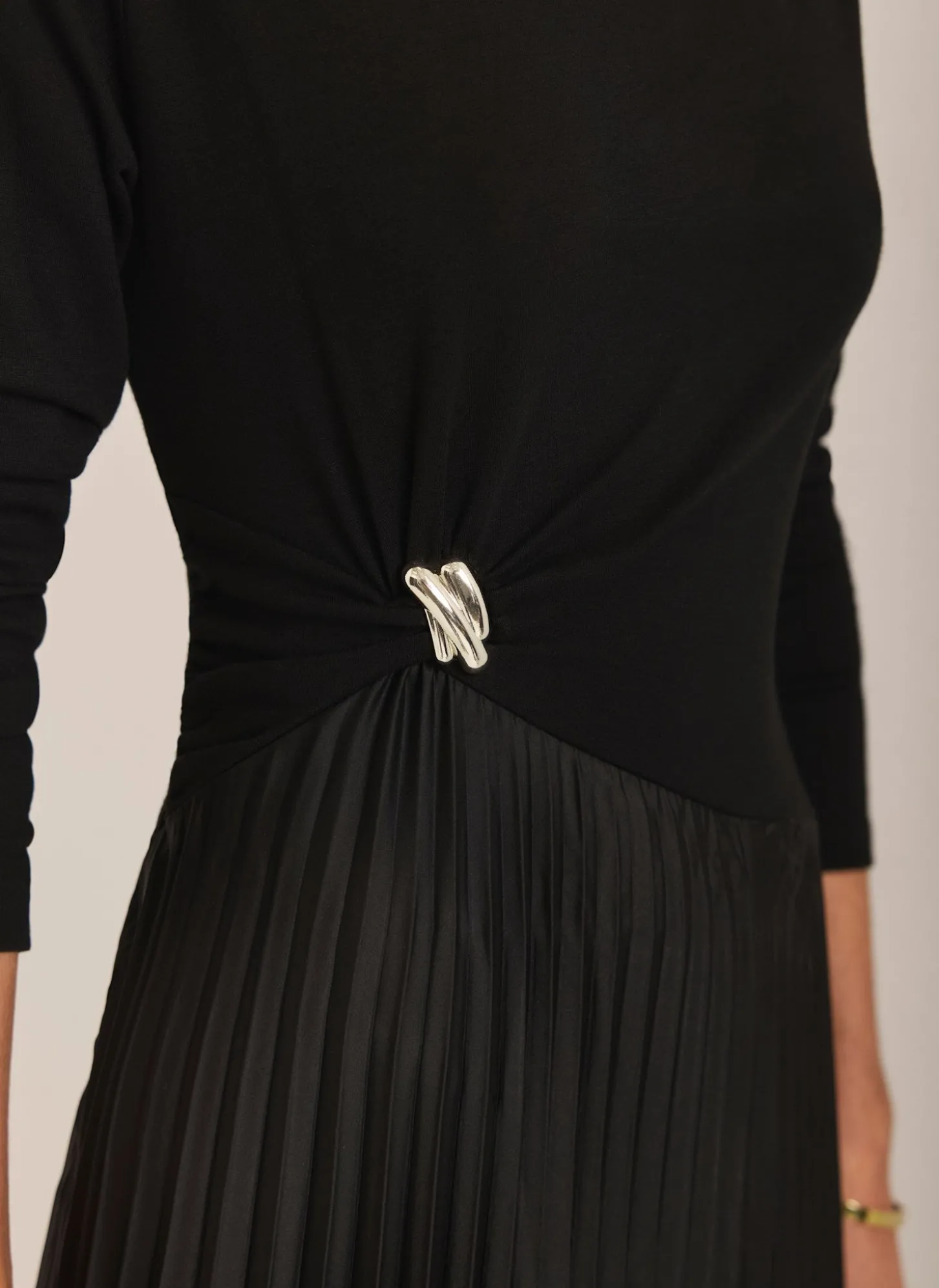 Black Pleated Asymmetric Midi Dress