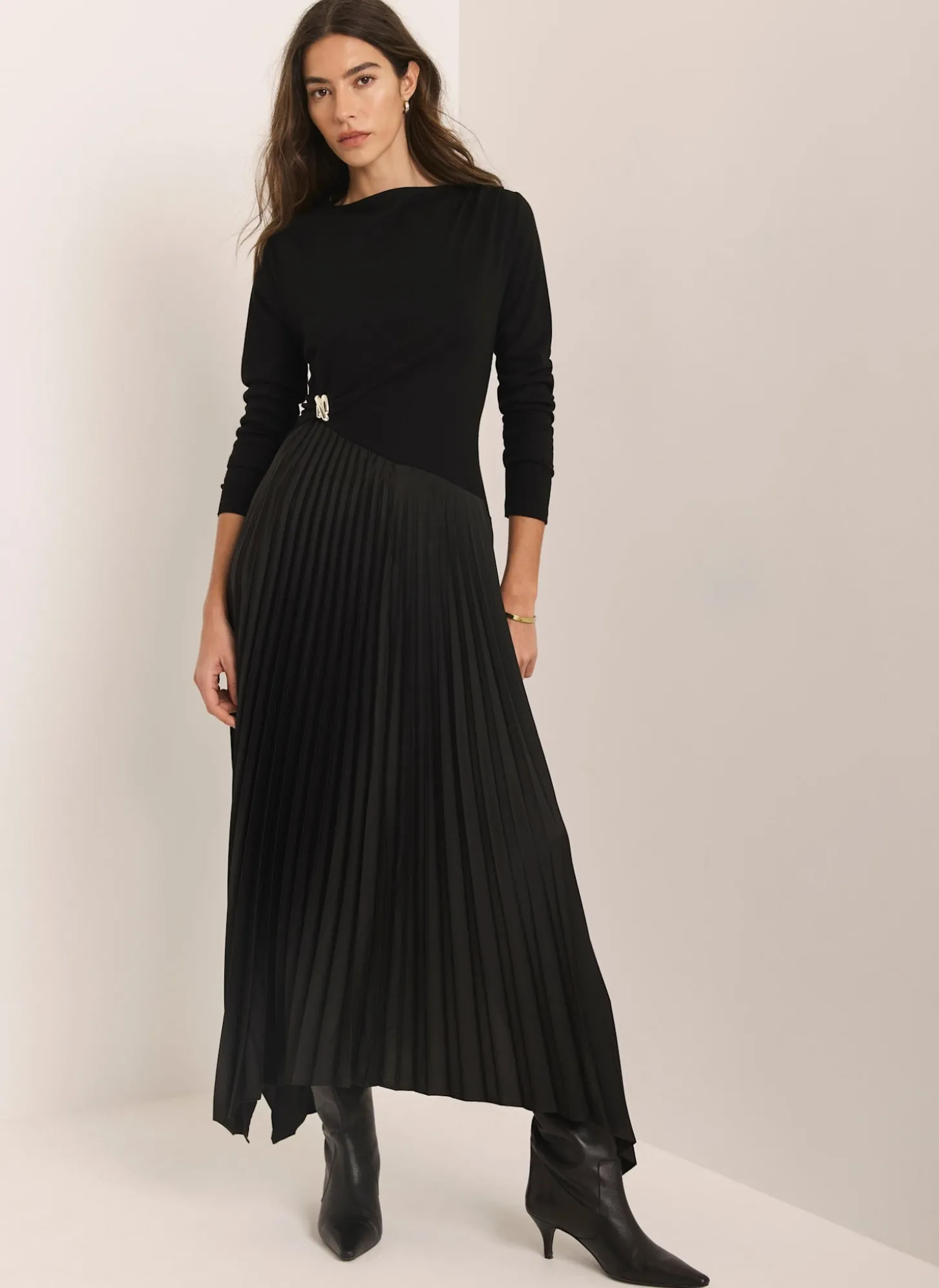 Black Pleated Asymmetric Midi Dress