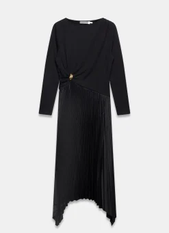 Black Pleated Asymmetric Midi Dress