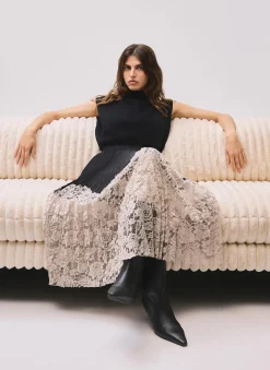 Black Pleated Lace Hem Midi Skirt