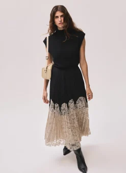 Black Pleated Lace Hem Midi Skirt