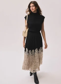 Black Pleated Lace Hem Midi Skirt