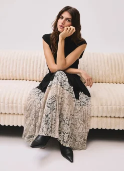 Black Pleated Lace Hem Midi Skirt